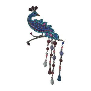 Vintage Signed Jeweled Peacock Dangle Brooch